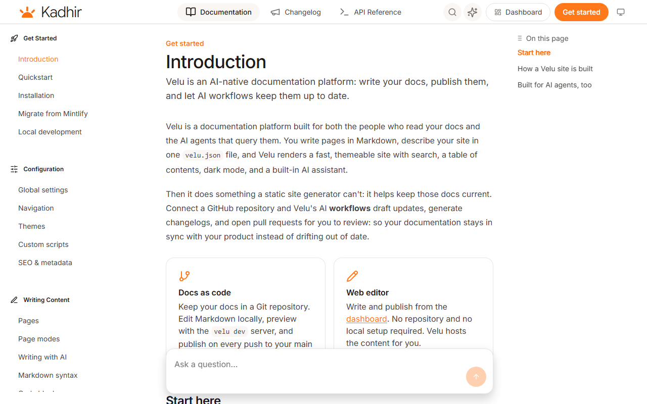 A Velu docs page using the Kadhir theme, with a minimal header, left sidebar, and centered article