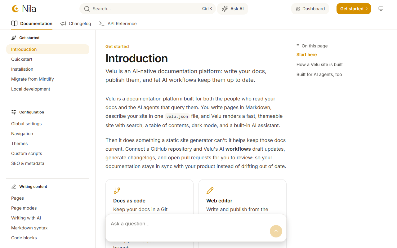 A Velu docs page using the Nila theme, with a compact header, grouped sidebar, and focused reading column