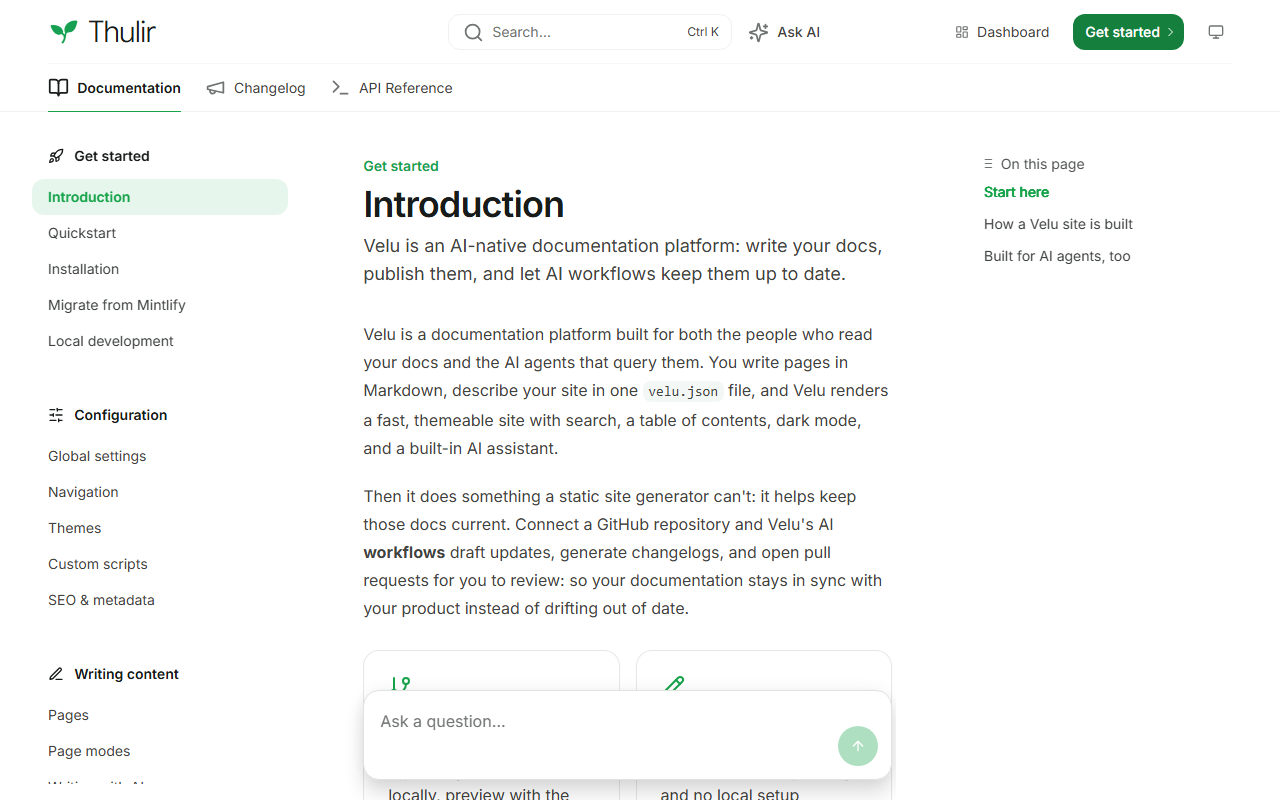 A Velu docs page using the Thulir theme, with the header, left sidebar, article, and On this page table of contents