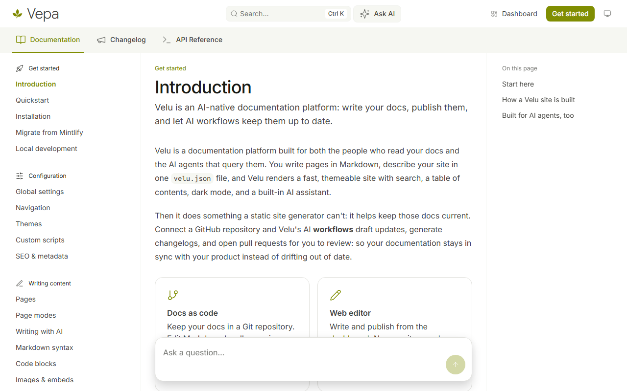 A Velu docs page using the Vepa theme, with the header, left sidebar, article, and table of contents
